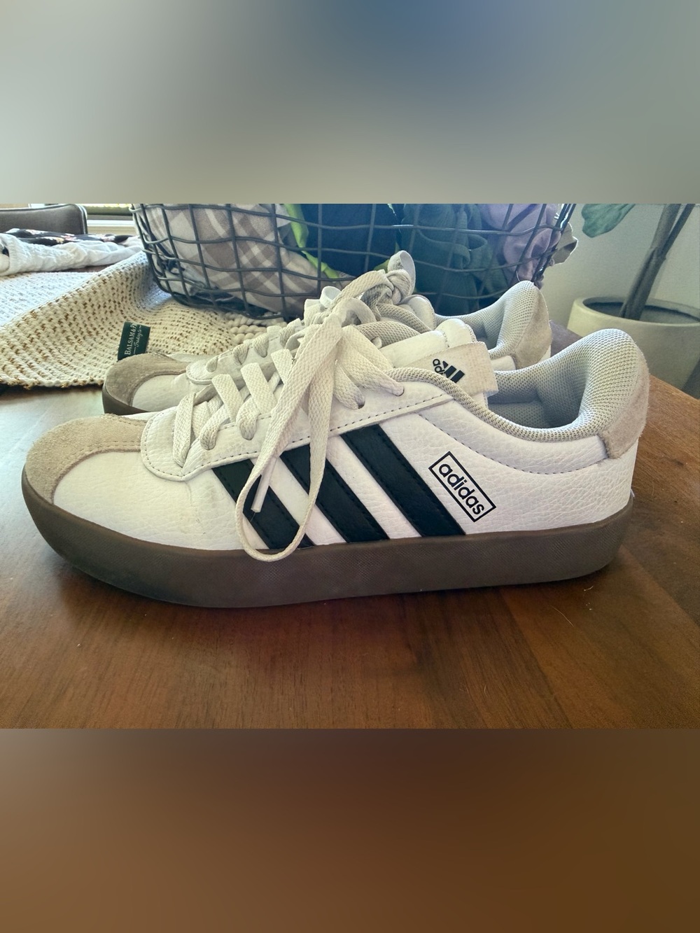 adidas White Sneakers with Black Stripes and Brown Sole